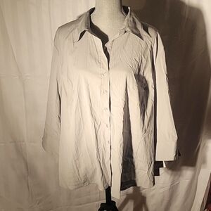 Fred David Woman's Stretchy Beige Button Down Quarter Sleeve Blouse, 3X, NWT